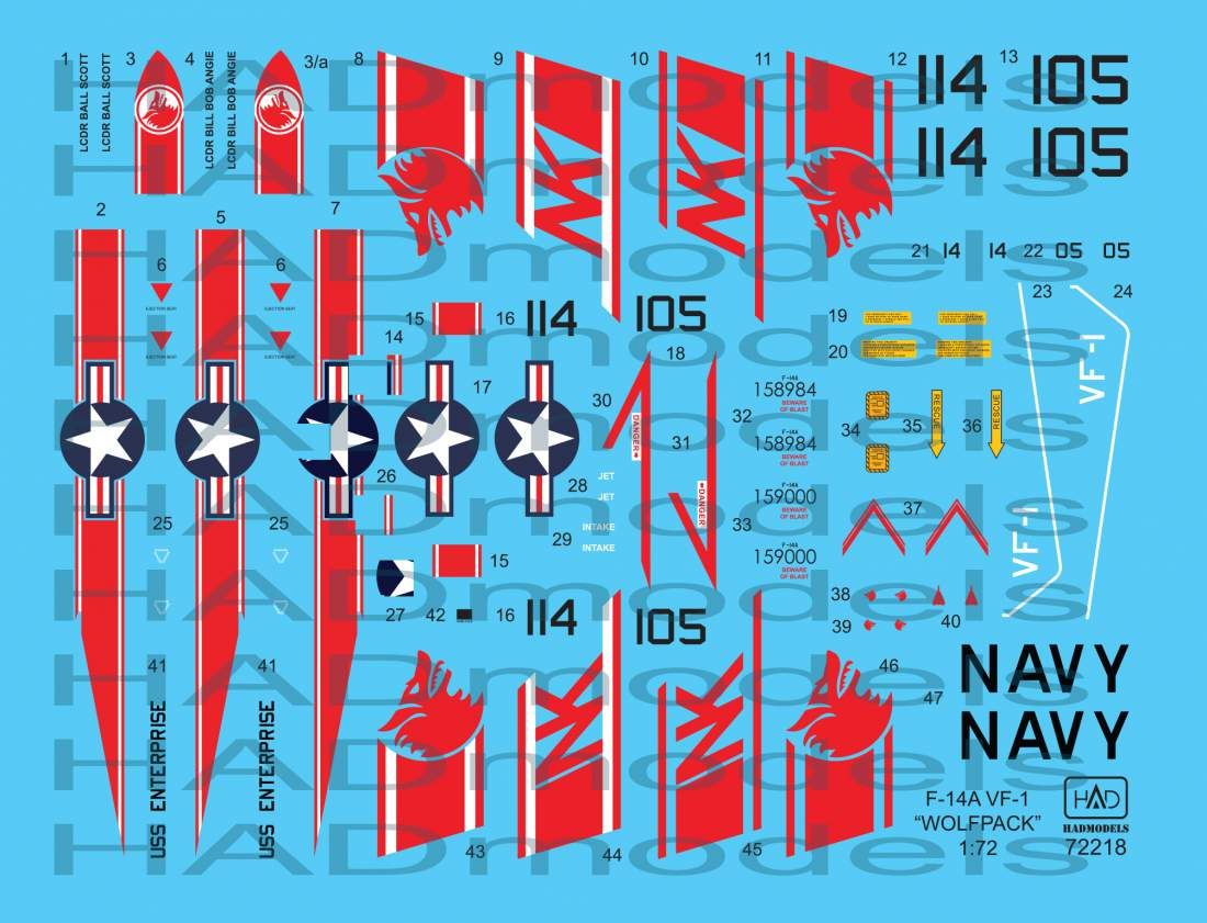 1:72 F-14A VF-1 Wolfpack USS Enterprise decal sheet